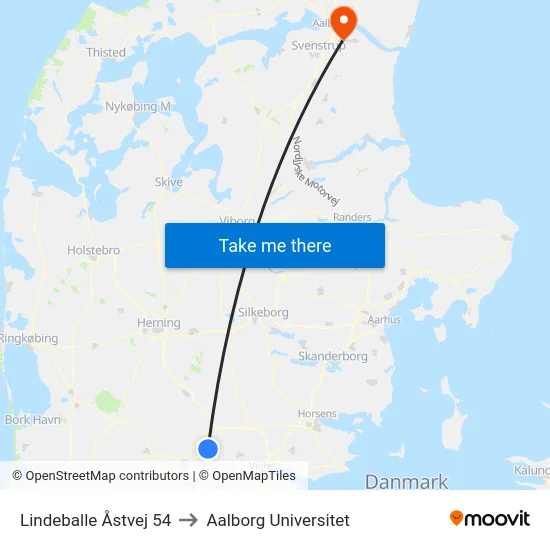 Lindeballe Åstvej 54 to Aalborg Universitet map