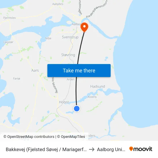 Bakkevej (Fjelsted Søvej / Mariagerfjord Kommune) to Aalborg Universitet map