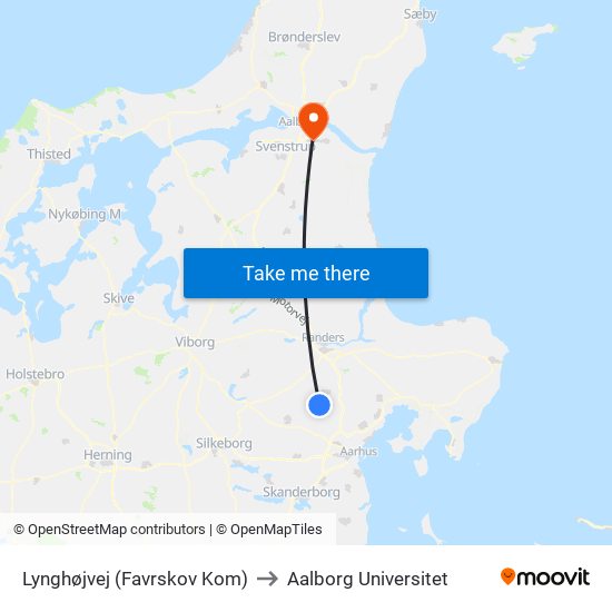 Lynghøjvej (Favrskov Kom) to Aalborg Universitet map