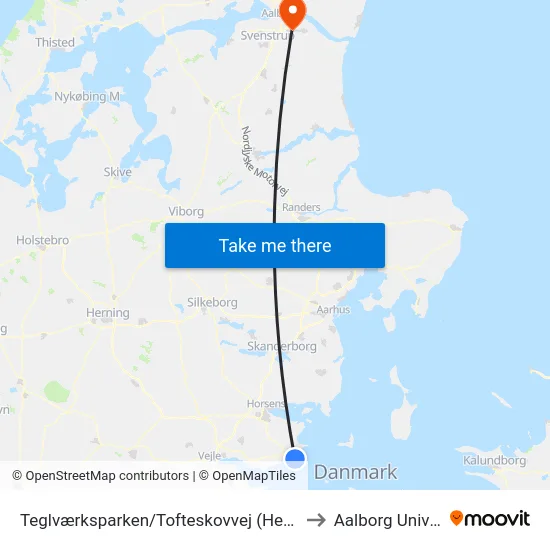 Teglværksparken/Tofteskovvej (Hedensted Kom) to Aalborg Universitet map
