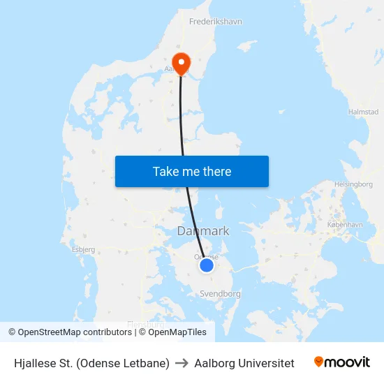 Hjallese St. (Odense Letbane) to Aalborg Universitet map