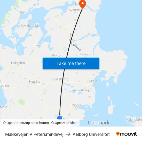 Mælkevejen V Petersmindevej to Aalborg Universitet map