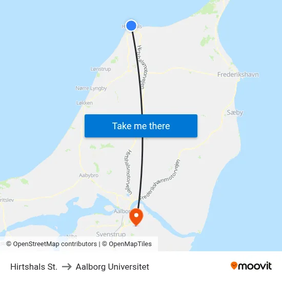 Hirtshals St. to Aalborg Universitet map