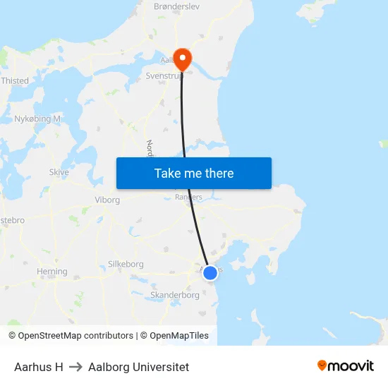 Aarhus H to Aalborg Universitet map