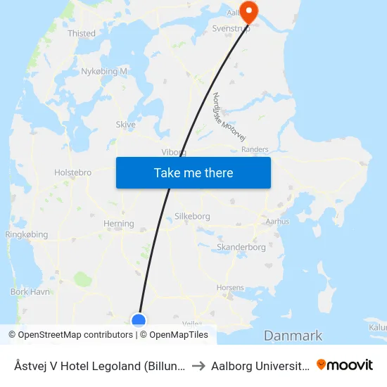 Åstvej V Hotel Legoland (Billund) to Aalborg Universitet map