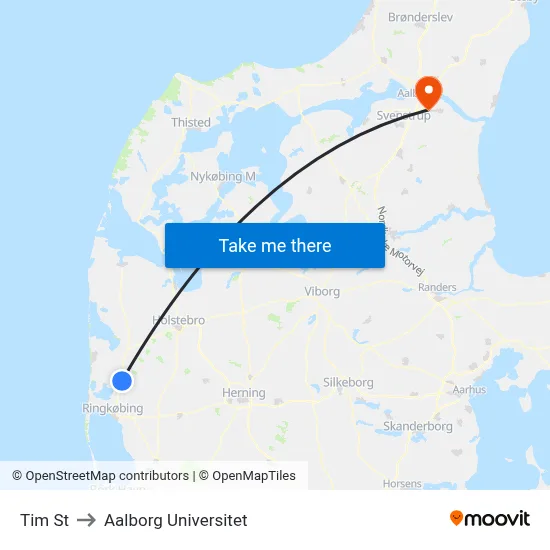 Tim St to Aalborg Universitet map