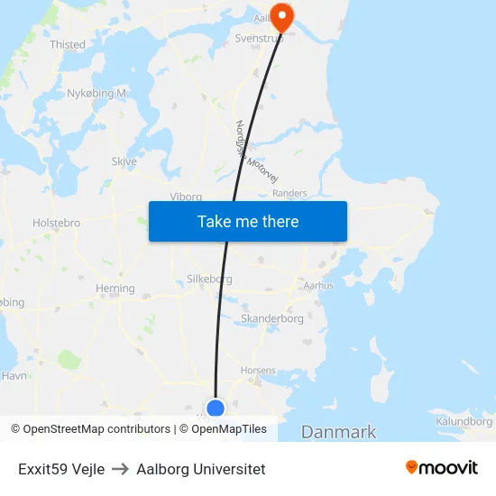 Exxit59 Vejle to Aalborg Universitet map