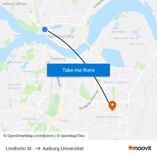 Lindholm St. to Aalborg Universitet map