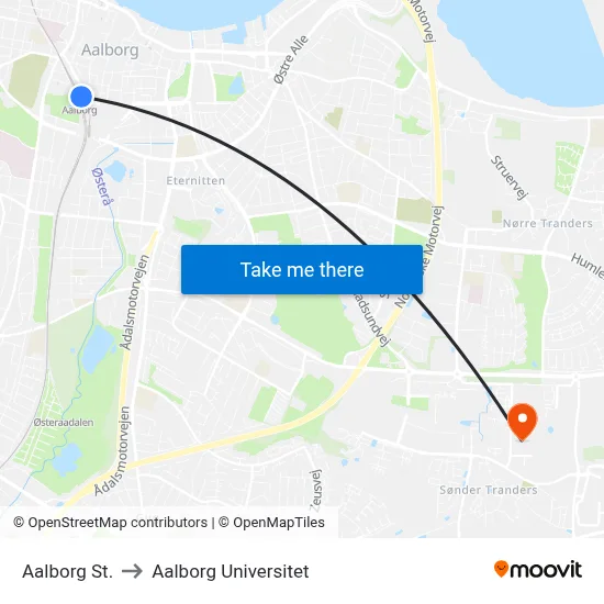 Aalborg St. to Aalborg Universitet map