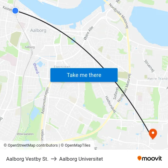 Aalborg Vestby St. to Aalborg Universitet map