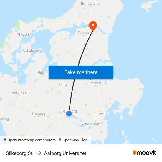 Silkeborg St. to Aalborg Universitet map