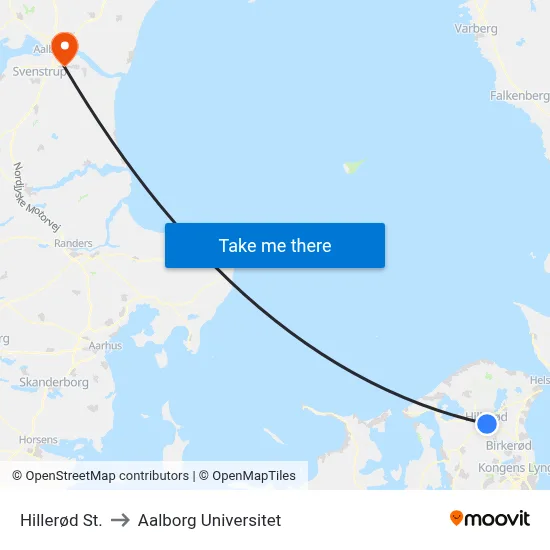 Hillerød St. to Aalborg Universitet map