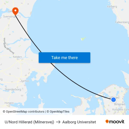 U/Nord Hillerød (Milnersvej) to Aalborg Universitet map