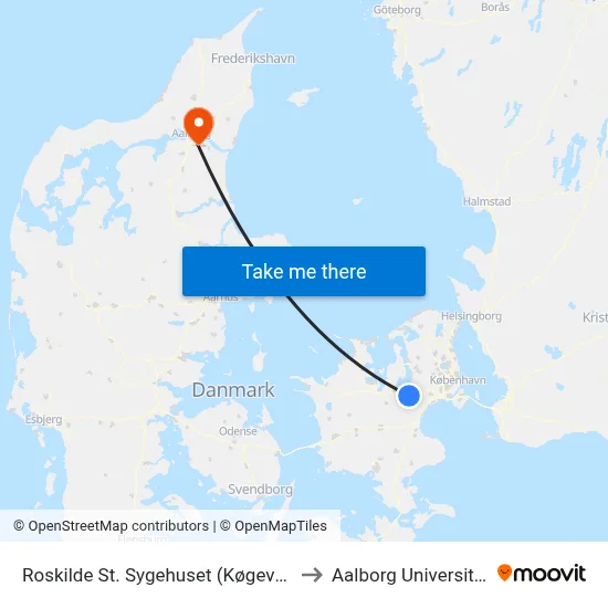 Roskilde St. Sygehuset (Køgevej) to Aalborg Universitet map