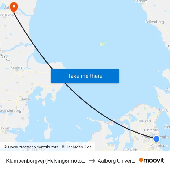 Klampenborgvej (Helsingørmotorvejen) to Aalborg Universitet map