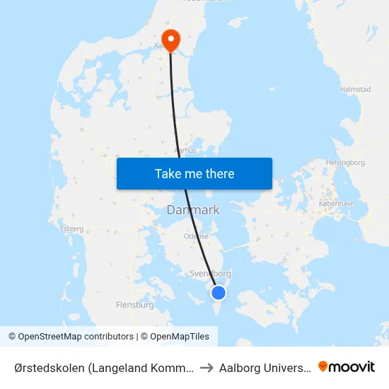 Ørstedskolen (Langeland Kommune) to Aalborg Universitet map