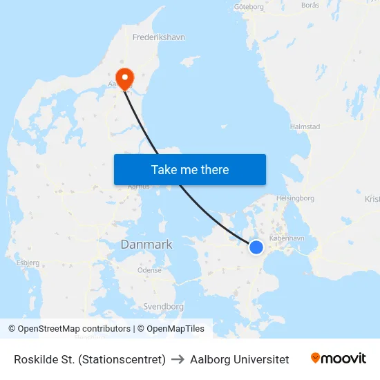 Roskilde St. (Stationscentret) to Aalborg Universitet map