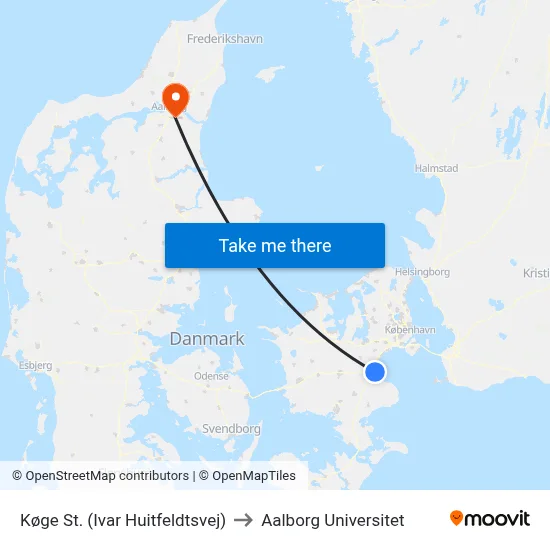 Køge St. (Ivar Huitfeldtsvej) to Aalborg Universitet map