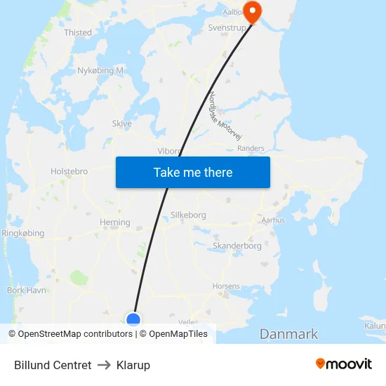 Billund Centret to Klarup map