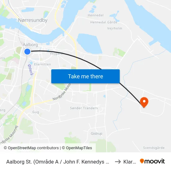 Aalborg St. (Område A / John F. Kennedys Plads) to Klarup map