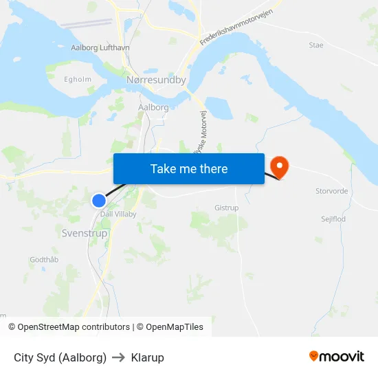 City Syd (Aalborg) to Klarup map