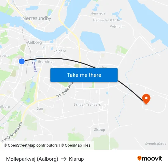 Mølleparkvej (Aalborg) to Klarup map