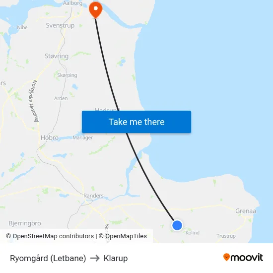 Ryomgård (Letbane) to Klarup map