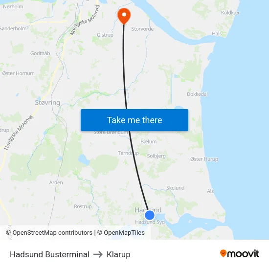 Hadsund Busterminal to Klarup map
