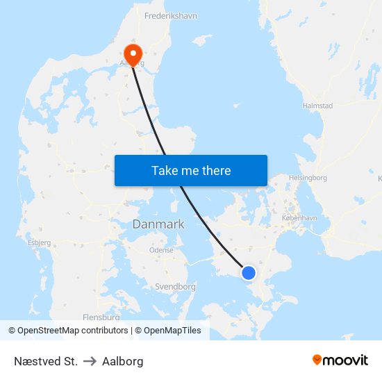 Næstved St. to Aalborg map