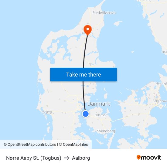 Nørre Aaby St. (Togbus) to Aalborg map