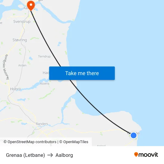 Grenaa (Letbane) to Aalborg map