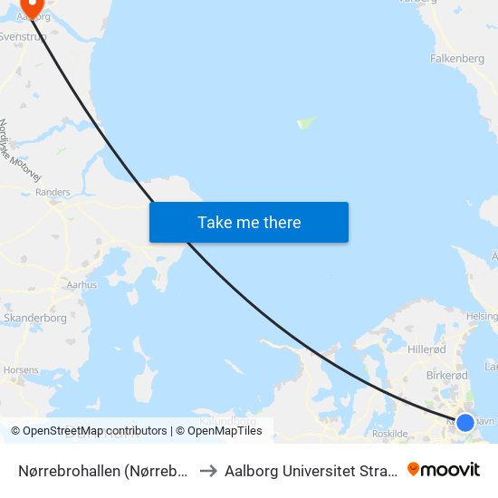 Nørrebrohallen (Nørrebrogade) to Aalborg Universitet Strandvejen map