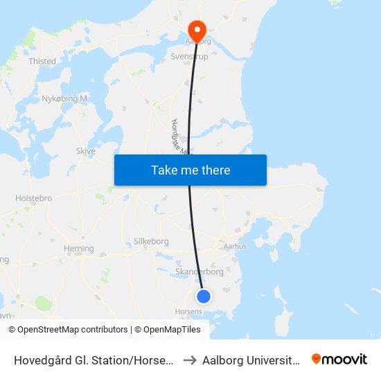 Hovedgård Gl. Station/Horsensvej (Horsens Kom) to Aalborg Universitet Strandvejen map