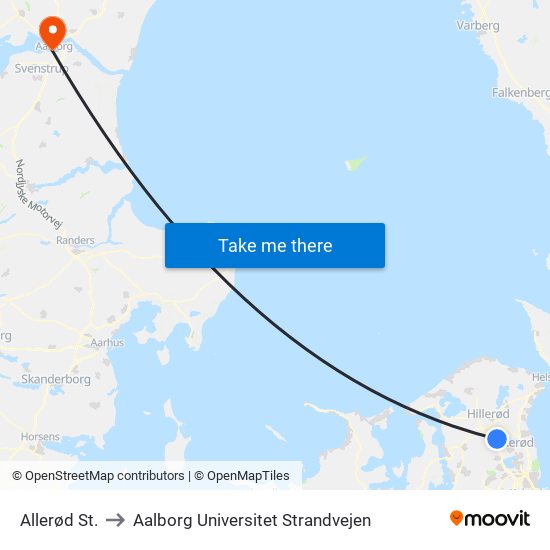 Allerød St. to Aalborg Universitet Strandvejen map