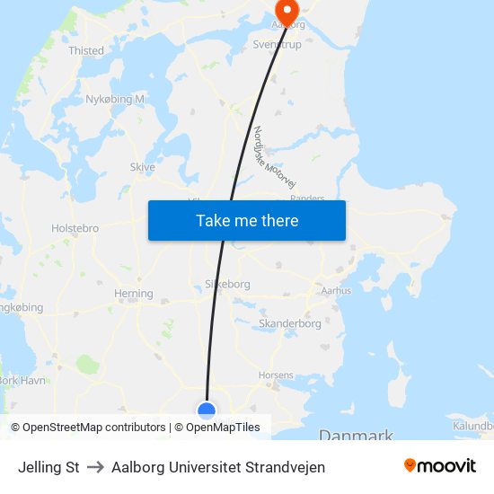 Jelling St to Aalborg Universitet Strandvejen map