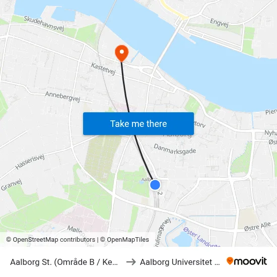 Aalborg St. (Område B / Kennedy Arkaden) to Aalborg Universitet Strandvejen map
