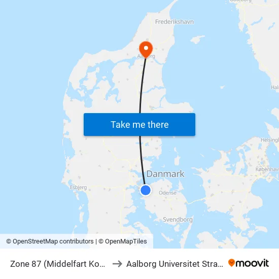 Zone 87 (Middelfart Kommune) to Aalborg Universitet Strandvejen map