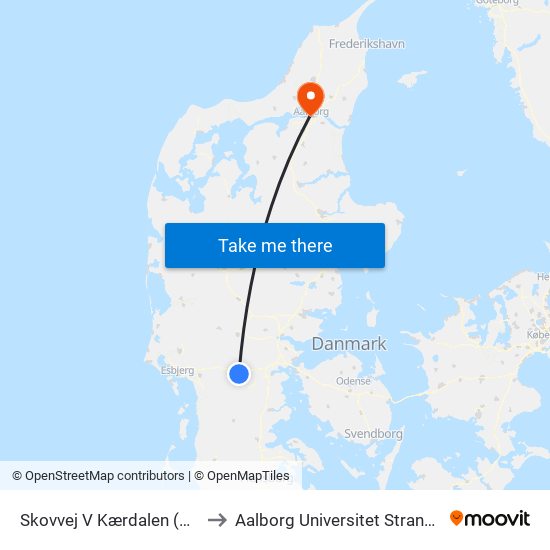 Skovvej V Kærdalen (Vejen) to Aalborg Universitet Strandvejen map