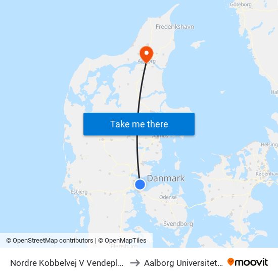 Nordre Kobbelvej V Vendepladsen (Fredericia) to Aalborg Universitet Strandvejen map