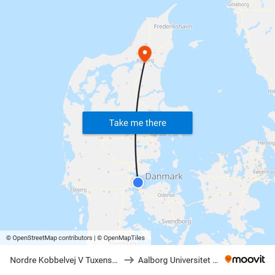 Nordre Kobbelvej V Tuxensvej (Fredericia) to Aalborg Universitet Strandvejen map