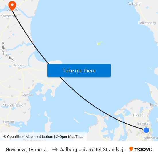 Grønnevej (Virumvej) to Aalborg Universitet Strandvejen map