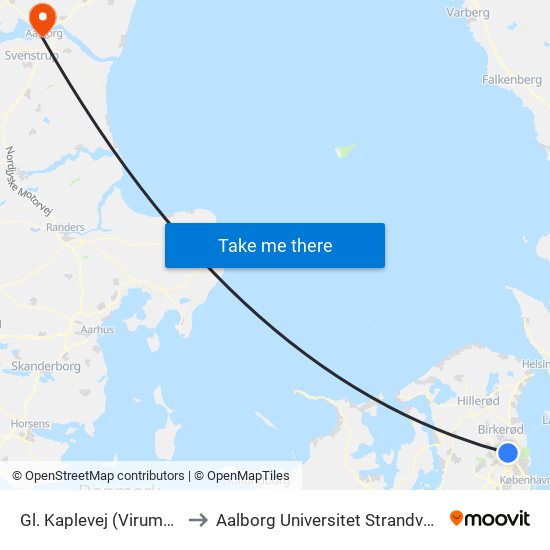 Gl. Kaplevej (Virumvej) to Aalborg Universitet Strandvejen map