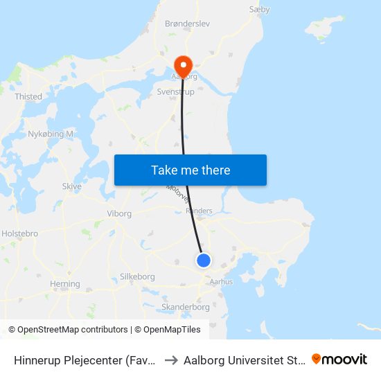 Hinnerup Plejecenter (Favrskov Kom) to Aalborg Universitet Strandvejen map
