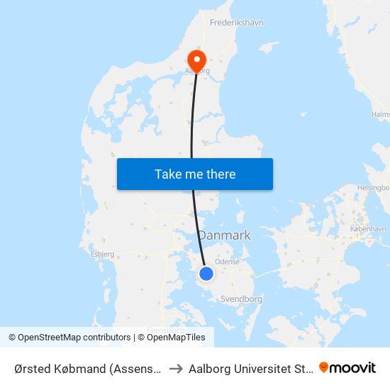 Ørsted Købmand (Assens Kommune) to Aalborg Universitet Strandvejen map