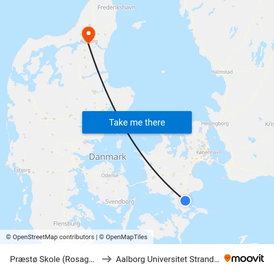 Præstø Skole (Rosagervej) to Aalborg Universitet Strandvejen map