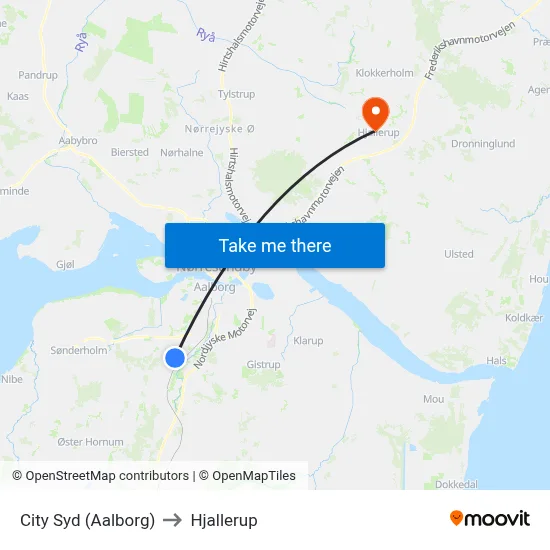 City Syd (Aalborg) to Hjallerup map