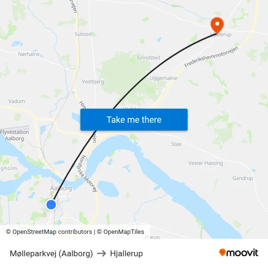 Mølleparkvej (Aalborg) to Hjallerup map