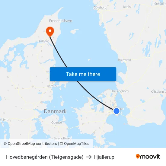 Hovedbanegården (Tietgensgade) to Hjallerup map