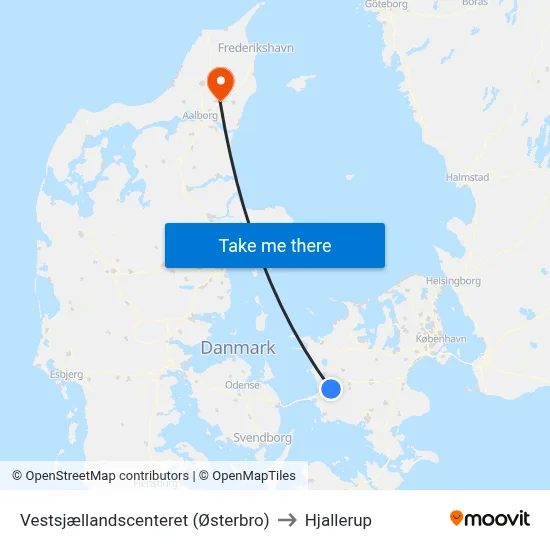 Vestsjællandscenteret (Østerbro) to Hjallerup map