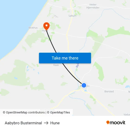 Aabybro Busterminal to Hune map